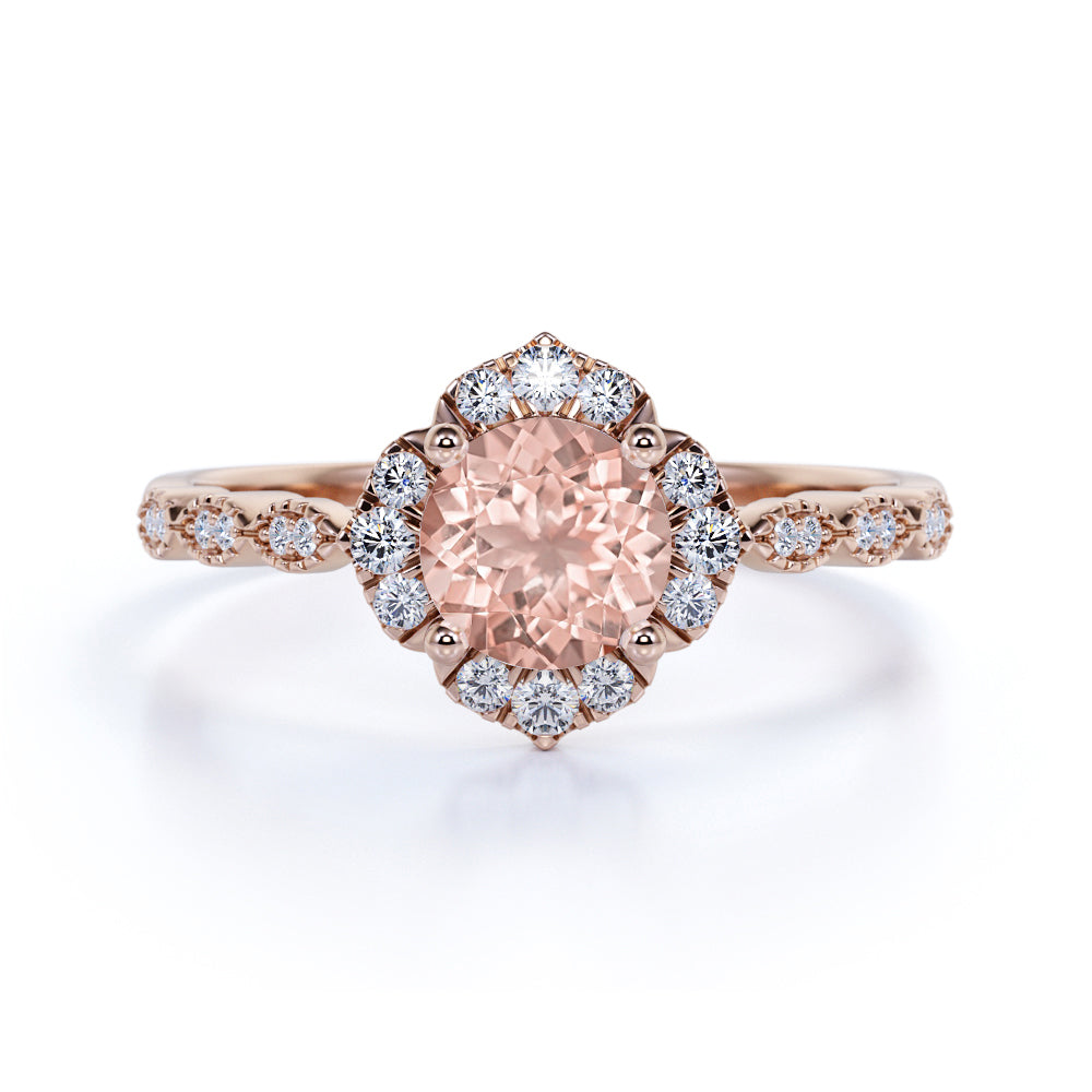 Bestselling 1.75 Carat Round Peach Pink Morganite and Diamond Antique Art Deco Engagement Ring in White Gold
