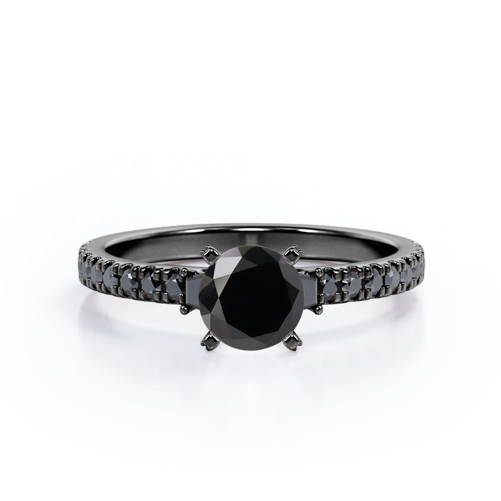 Milgrain Prong Cathedral - 0.75 TCW Round Brilliant Cut Lab Created Black Diamond - Pave Engagement Ring in White Gold