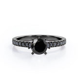 Milgrain Prong Cathedral - 0.75 TCW Round Brilliant Cut Lab Created Black Diamond - Pave Engagement Ring in White Gold