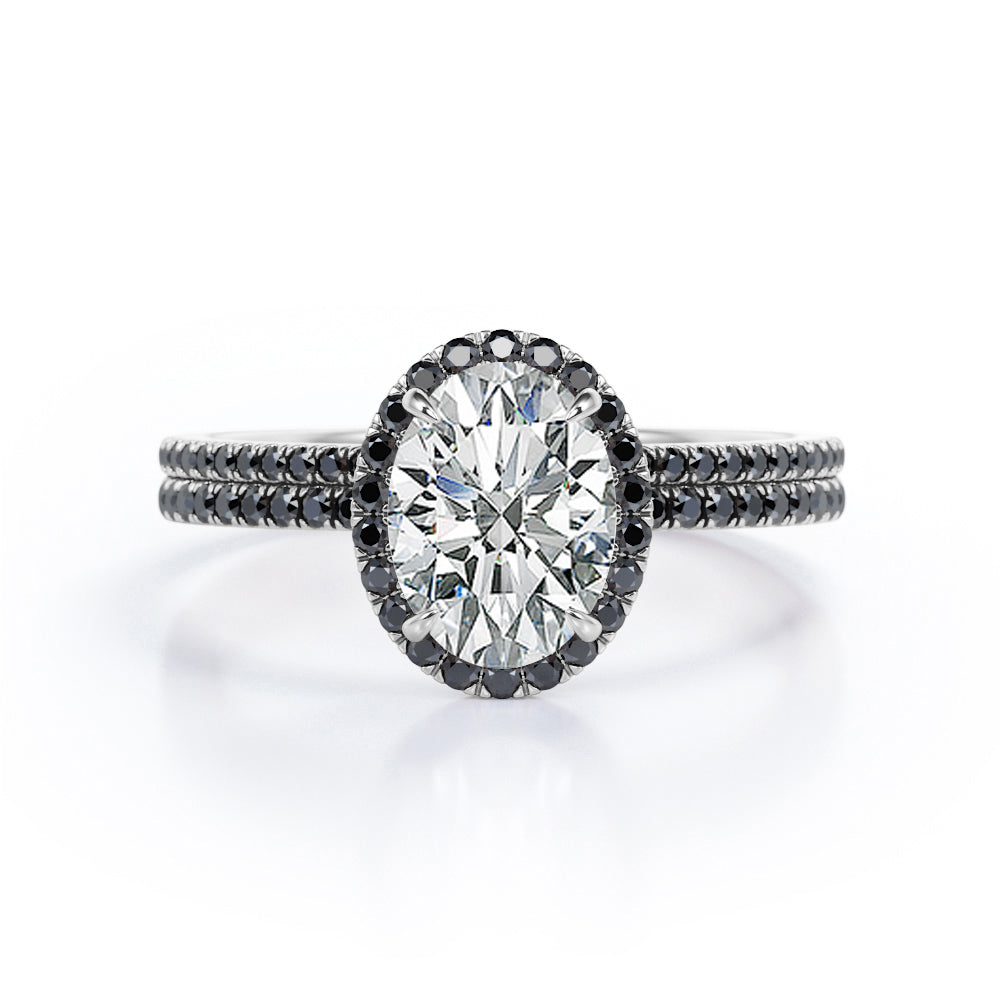 Halo Cluster 1.7 TCW Ovate Moissanite with Lab Created Black Diamond Wedding Set with Pave Accents in Rose Gold