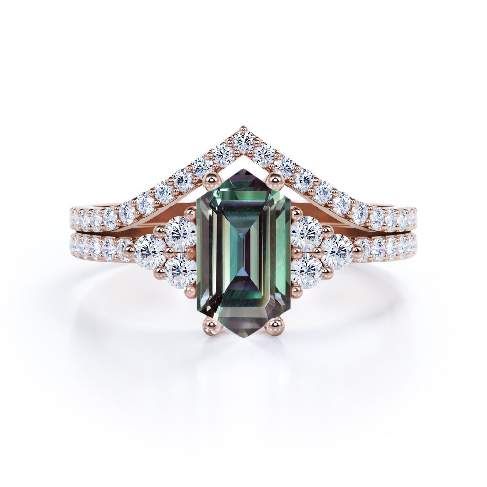 7 Stone Pave Set 1.60 Carat Hexagon Cut Lab Created Alexandrite And Diamond V Shaped Wedding Ring Set In White Gold