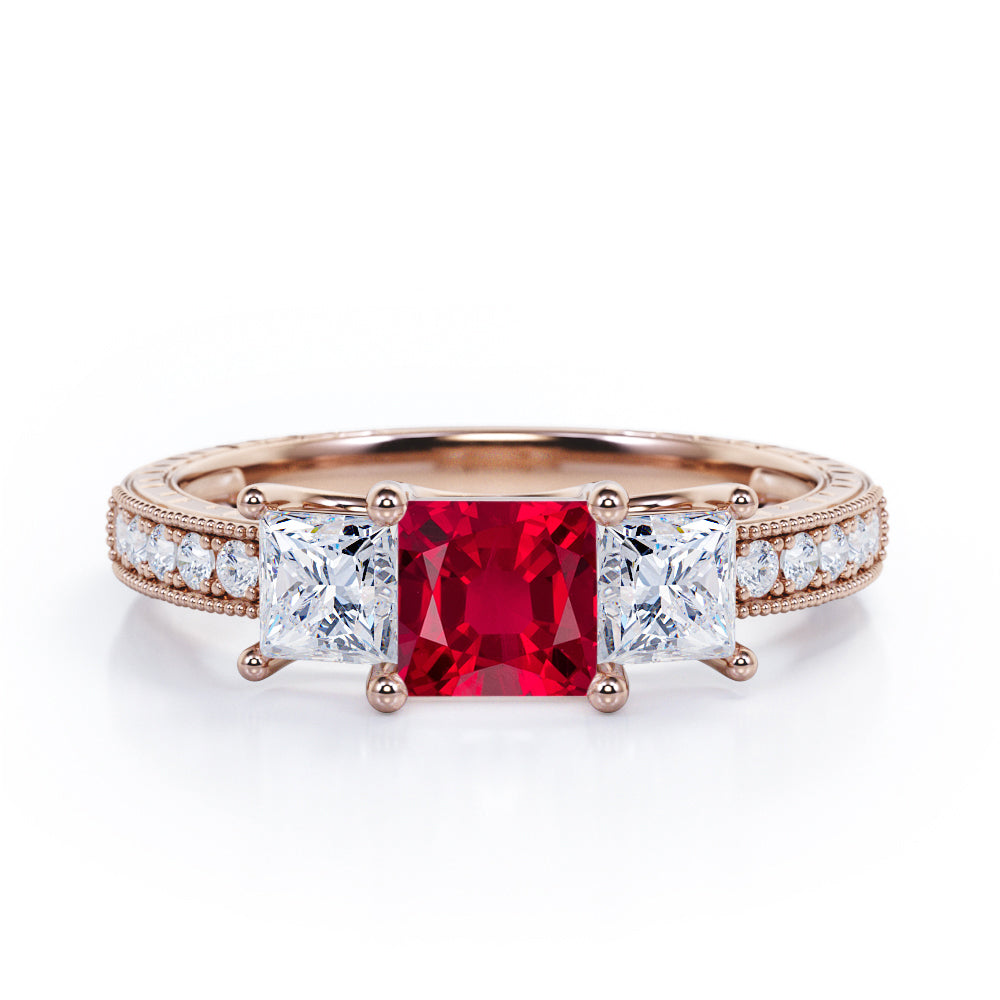 Trilogy 1.25 ct Princess Lab-Created Ruby Vintage Engagement Ring