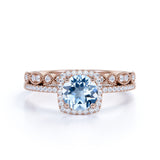 Halo 1.75 ct Round Aquamarine Vintage Wedding Ring Set