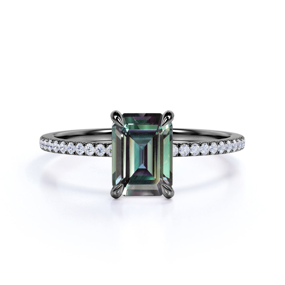 1.25 Ct Emerald Cut Lab Alexandrite Pave Engagement Ring