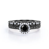 1.3 Carat Round Cut Lab Grown Black Diamond Halo Wedding Ring Set In White Gold