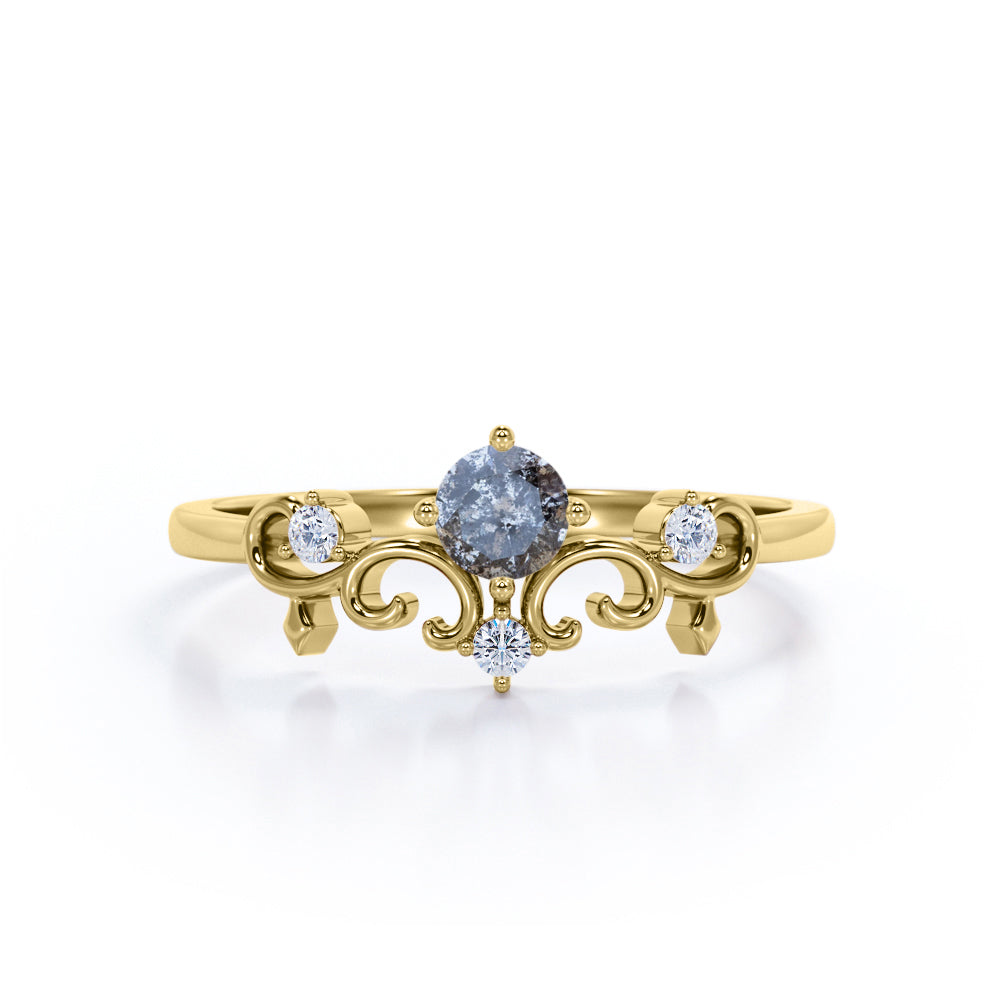 Filigree Solitaire 0.60 Carat Round Cut Fancy Dark Grey Salt and Pepper Diamond Unique Engagement Ring