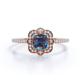Antique Flower Cluster 1.50 Carat Cushion Cut Lab Created Blue Alexandrite and Diamond Halo Pave Engagement Ring in White Gold for Her