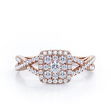 Pave Crossover - 1.25 Carat Round Cut Moissanite and diamond - Flush Cluster Halo Engagement Ring in Rose Gold