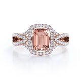 2 Carat Emerald Cut Real Peach Morganite and Moissanite Halo Designer Engagement Ring