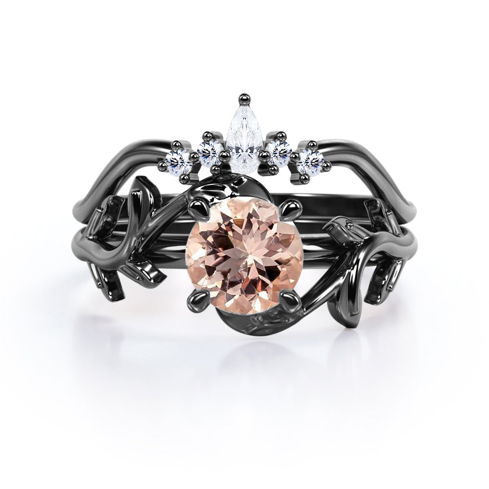 Nature Leaf 0.55 carat Round Morganite and Moissanite Crown Bridal Ring Set in Rose Gold