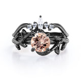 Nature Leaf 0.55 carat Round Morganite and Moissanite Crown Bridal Ring Set in Rose Gold