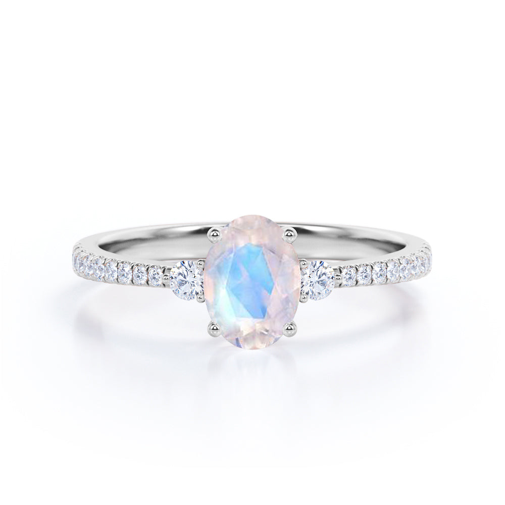 1.50 Carat Oval Moonstone Halo Engagement Ring in Rose Gold - Rainbow Moonstone Ring