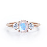 Simple Trio Stone 0.8 carat Oval Moonstone and Diamond Engagement Ring in Rose Gold