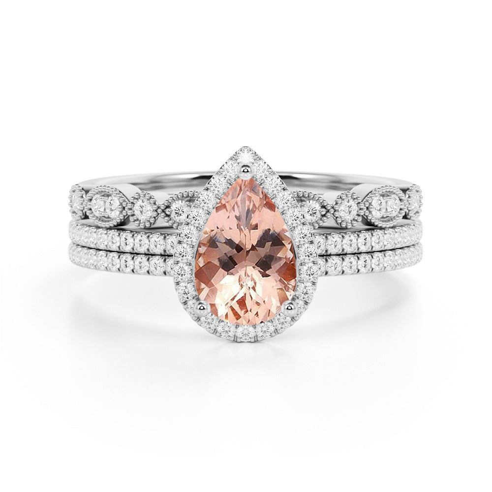 Classic 2 Carat Pear Cut Peach Morganite and Diamond Trio Wedding Ring Set in 10k Rose Gold