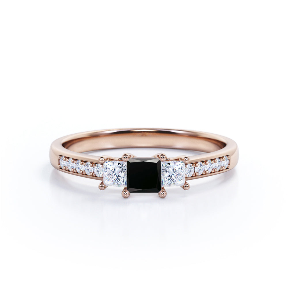 1.25 Carat Princess Cut Lab Grown Black Diamond Three Stone Trilogy Engagement Ring In White Gold