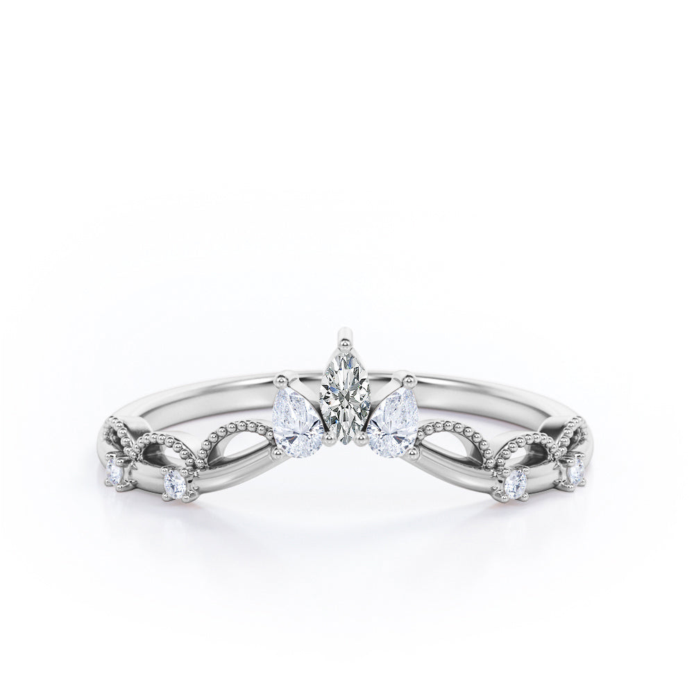 Princess Crown Design 0.20 TCW Marquise-Teardrop-Round Diamond Milgrain Curved Wedding Band in Rose Gold