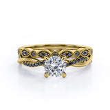 Milgrain Filigree Decorated 1.6 TCW Round Shaped Moissanite with Lab Created Black Diamond Twisted Pave Wedding Set in White Gold