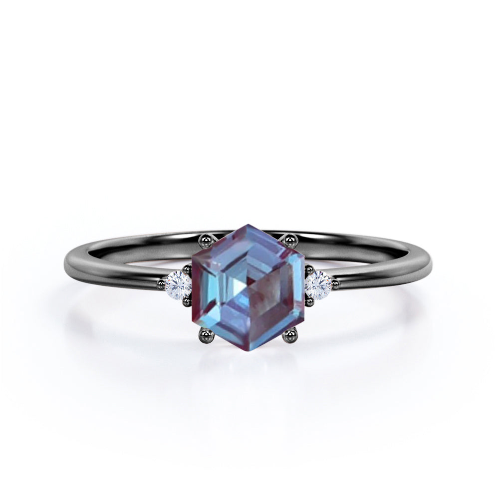 Trillion Geometric 1.05 Carat Hexagon Cut Lab Created Alexandrite And Diamond Three Stone Engagement Ring In White Gold