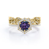 Antique Halo Hexagon 2 Carat Round Cut Lab Created Purple Alexandrite and Diamond Milgrain Pave Wedding Ring Sets - Bridal Set Rings in White Gold for Women