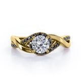 Tensioned Halo Set - 1.25 TCW Round Shaped Moissanite with Lab Created Black Diamond - Semi Pave Infinity Engagement Ring in White Gold