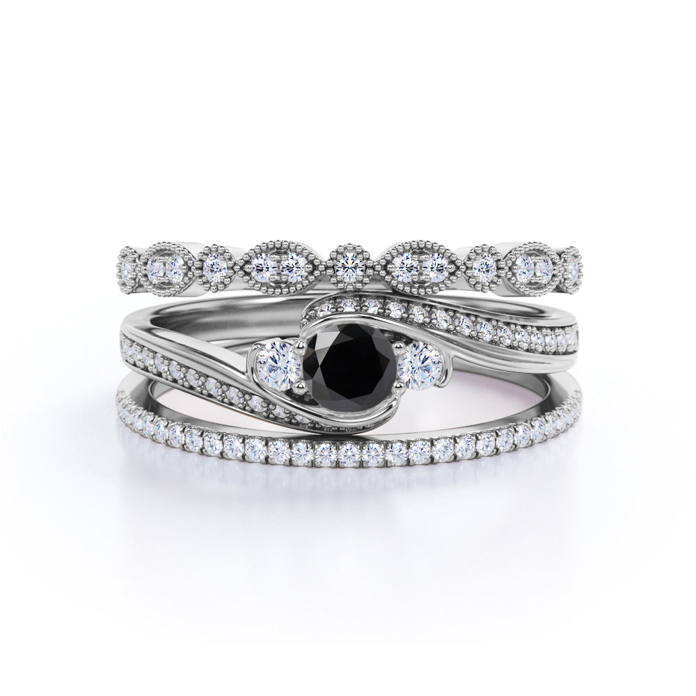 Artdeco 1.75 Carat Round cut Lab Black Diamond Trio Wedding Bridal Ring Set Rose Gold