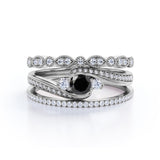 Artdeco 1.75 Carat Round cut Lab Black Diamond Trio Wedding Bridal Ring Set Rose Gold