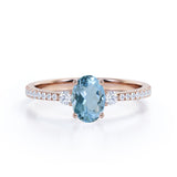 Simple 3 Stone 1.75 Carat Oval Cut Natural Deep Blue Aquamarine and Diamond Semi Eternity Pave Engagement Ring in Rose Gold for Her