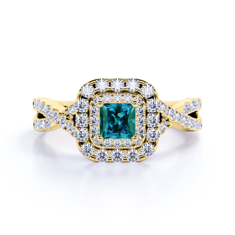 Twisted 1.75 Carat Princess Cut Lab Created Alexandrite And Diamond Double Halo Infinity Engagement Ring In White Gold