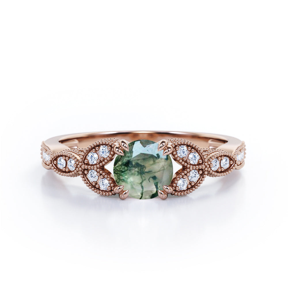 Floral Pattern 1.35 Carat Round Cut Green Moss Agate And Diamond Beaded Art Deco Engagement Ring In White Gold