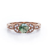 Floral Pattern 1.35 Carat Round Cut Green Moss Agate And Diamond Beaded Art Deco Engagement Ring In White Gold