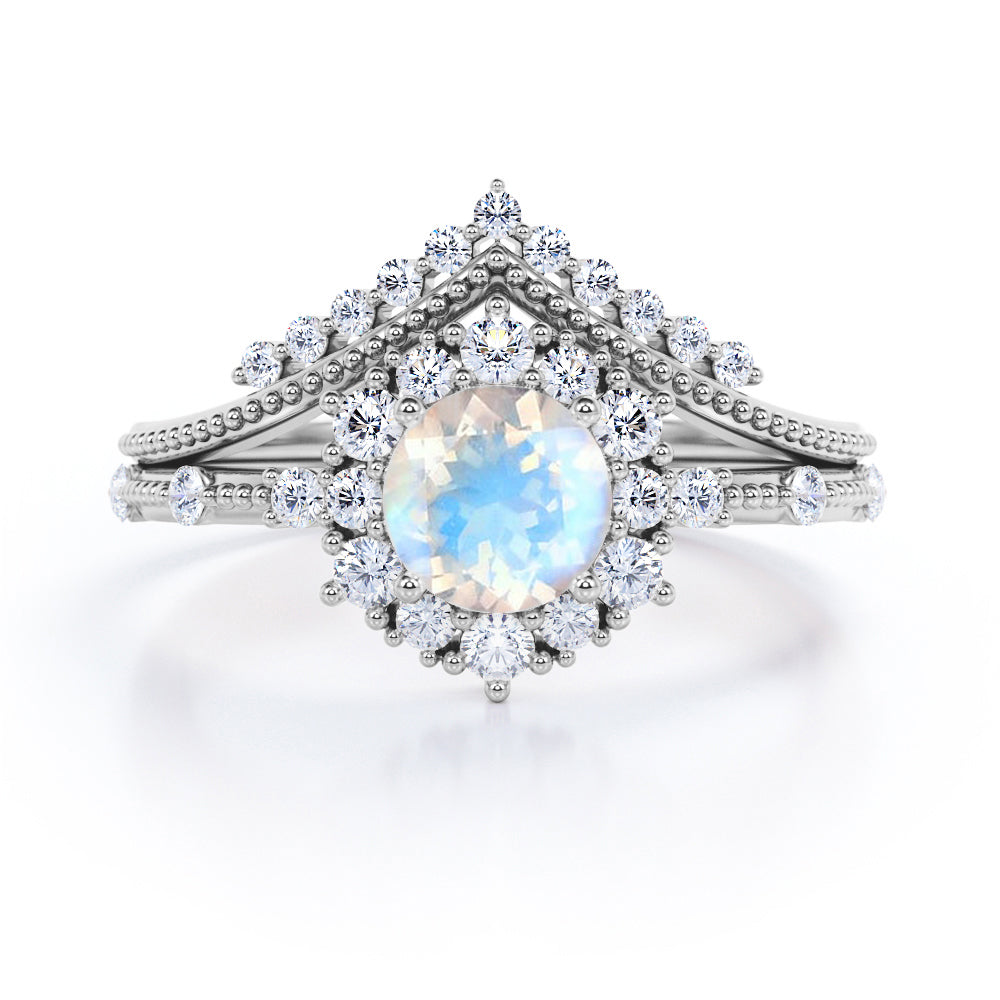 Ice Mountain 0.8 carat Round Moonstone and Moissanite Wedding Ring Set in Black Gold