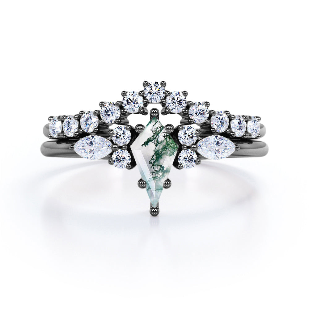 Seven Stone 1.25 Carat Kite Cut Moss Agate Bridal Set