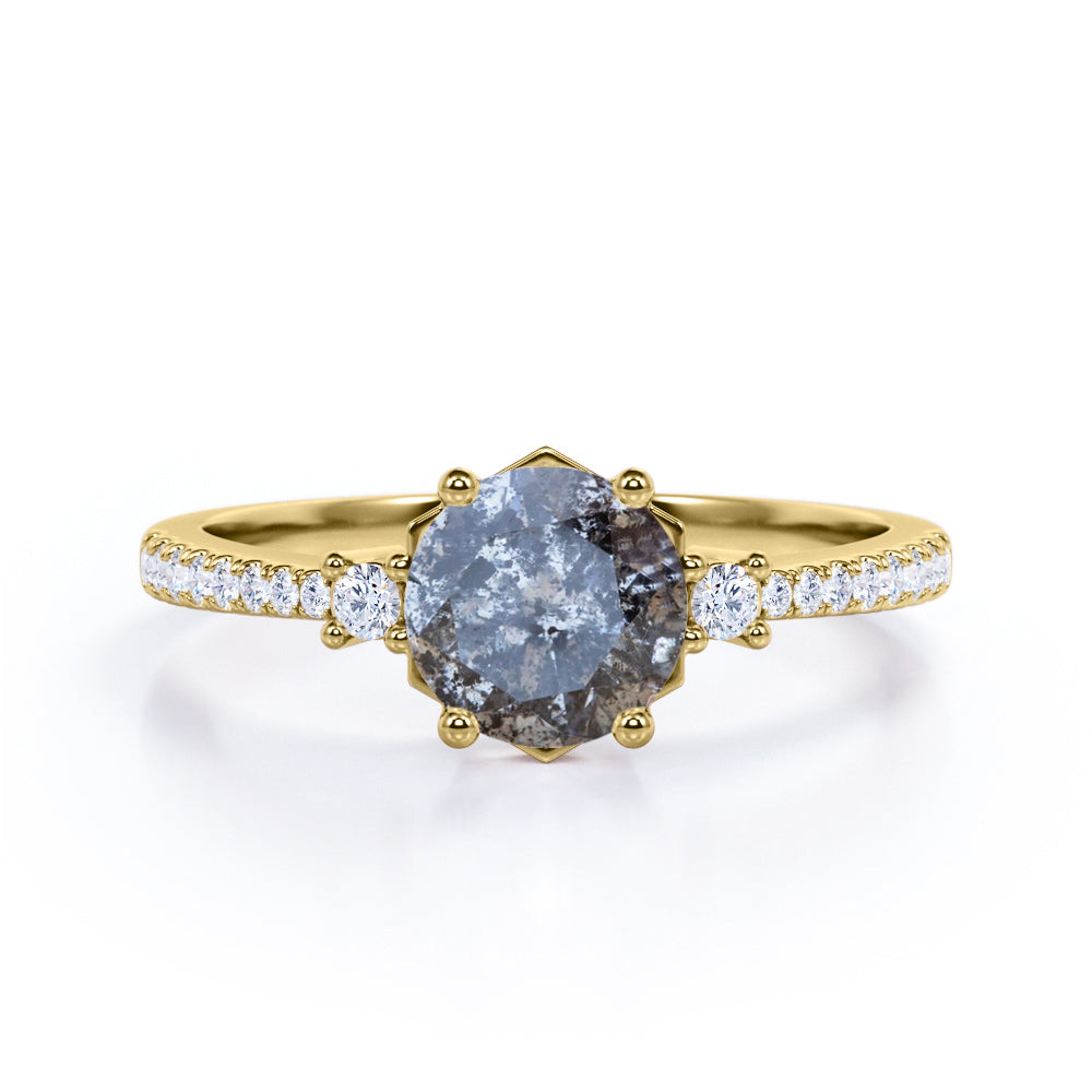 Pave 0.75 Ct Round Cut Salt and Pepper Diamond Engagement Ring