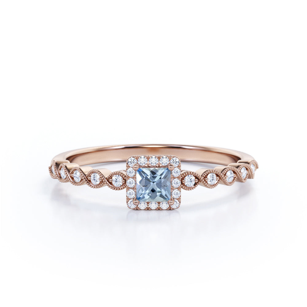 Classic 0.85 Carat Princess Cut Aquamarine And Diamond Vintage  Engagement Ring In White Gold