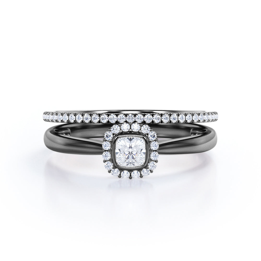 Bezel 1 carat Cushion Moissanite and Diamond Halo Wedding Ring For Her in White Gold