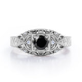 Square Framed  1.05 Carat Round Cut Black Diamond Vintage Filigree Engagement Ring In White Gold