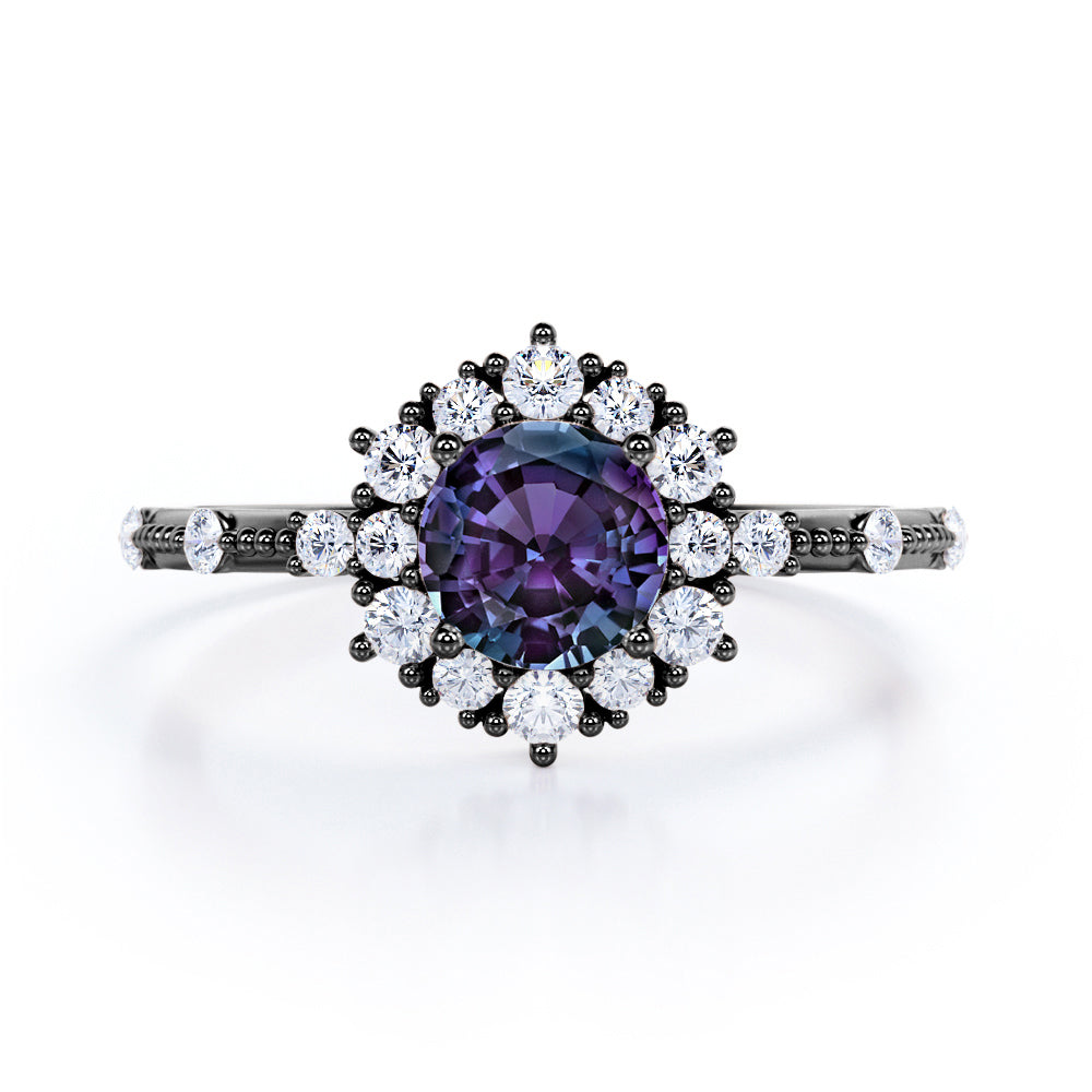 Clustered Halo 1.30 Carat Round Cut Lab Created Alexandrite And Diamond Beaded Antique Engagement Ring In White Gold