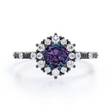 Clustered Halo 1.30 Carat Round Cut Lab Created Alexandrite And Diamond Beaded Antique Engagement Ring In White Gold