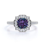Antique Floral Bezel Set 1.50 Carat Round Cut Created Alexandrite and Diamond Channel Set Rings Engagement Ring