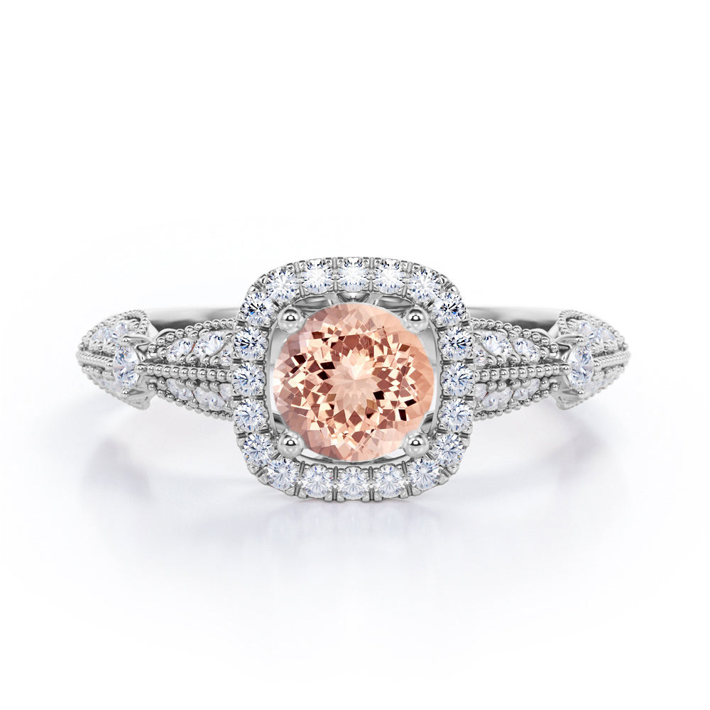 Antique Milgrain 1.35 Carat Round Cut Morganite And Diamond Halo Engagement Ring In Rose Gold