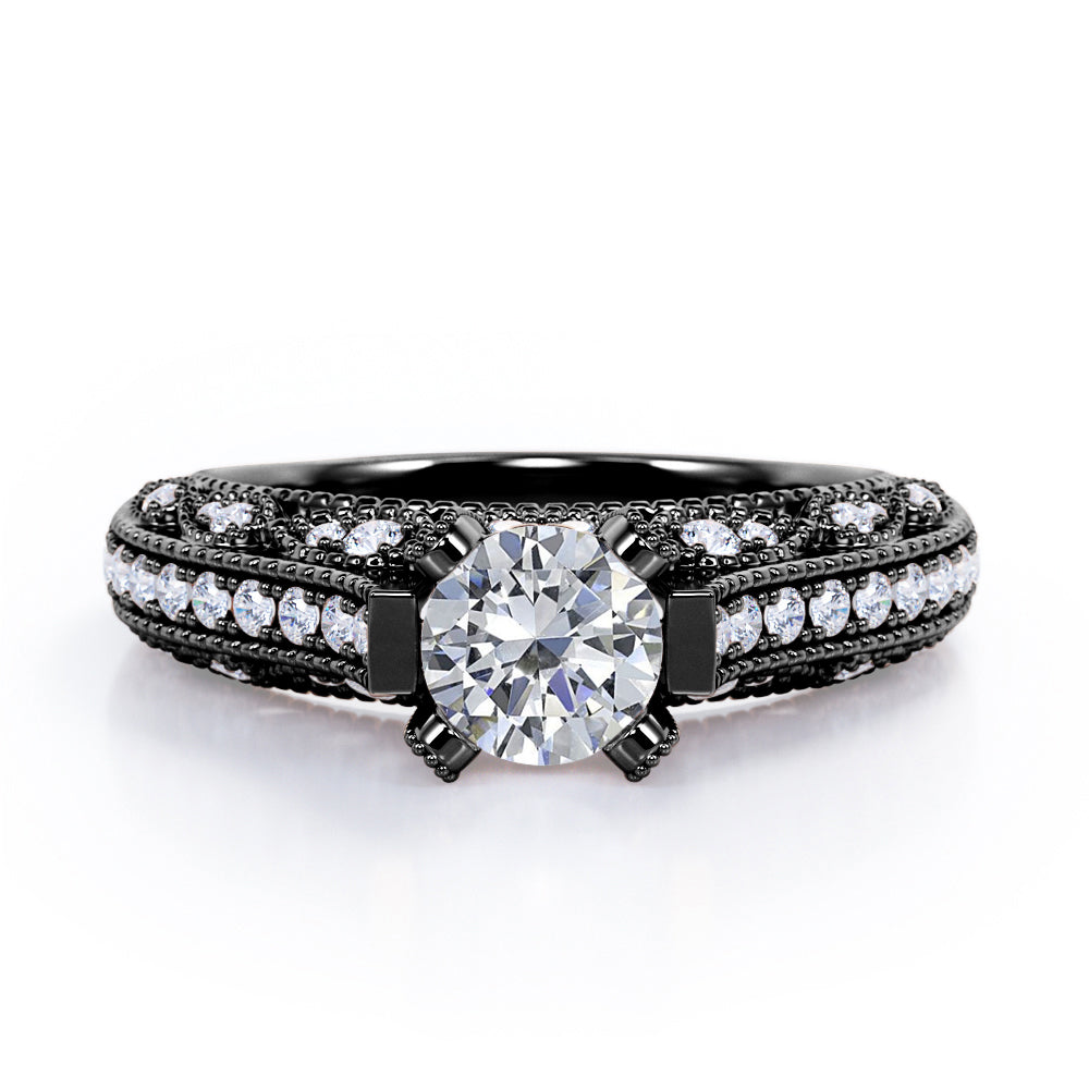 Beaded Four Prongs 1.40 Carat Round Cut Moissanite And Diamond Vintage Art Deco Engagement Ring In Rose Gold