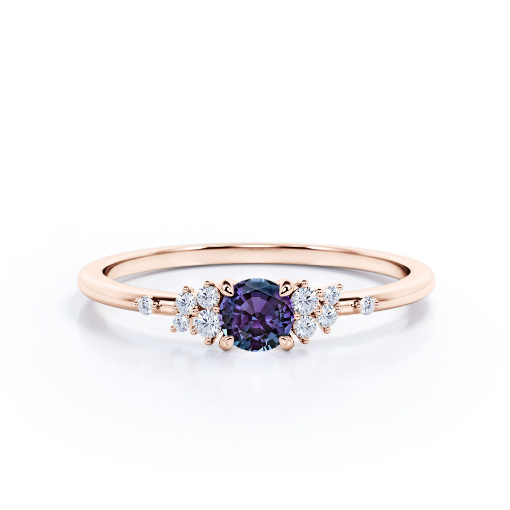 Unique Four Claws 1.15 Carat Round Cut Lab Created Alexandrite And Diamond Eleven Stone Engagement Ring In White Gold