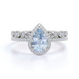 Halo 1.75 ct Pear Aquamarine Art Deco Wedding Ring Set