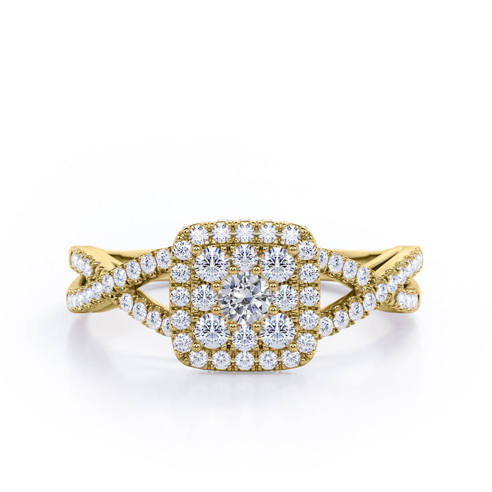 Pave Crossover - 1.25 Carat Round Cut Moissanite and diamond - Flush Cluster Halo Engagement Ring in Rose Gold