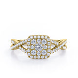 Pave Crossover - 1.25 Carat Round Cut Moissanite and diamond - Flush Cluster Halo Engagement Ring in Rose Gold