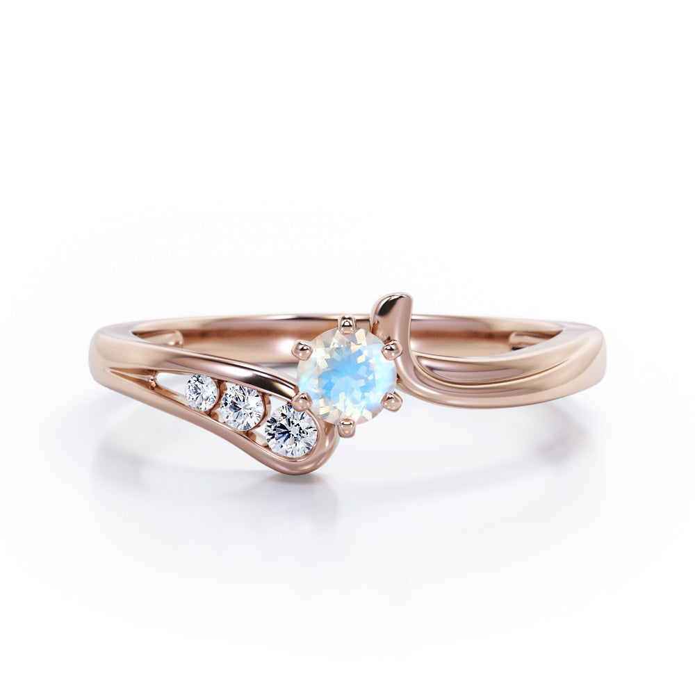 Curved Band - Six Prongs 0.5 carat Round Moonstone and Moissanite Artistic Engagement Ring in White Gold