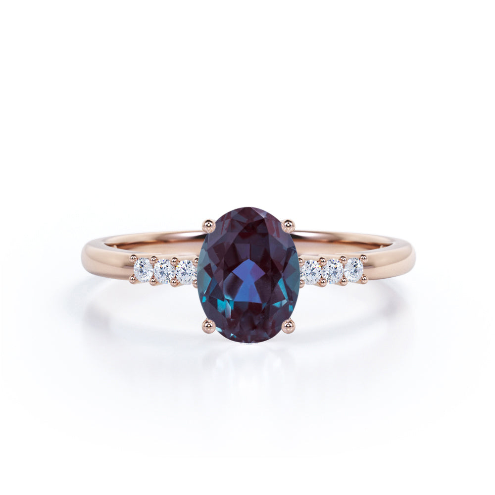 Classic 1.15 Carat Oval Cut Lab Created Alexandrite and Diamond Seven Stone Engagement Ring In White Gold