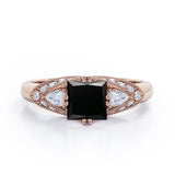 Classic Eight Prongs 1.30 Carat Princess Cut Black Diamond Marquise Framed Vintage Engagement Ring In Rose Gold