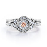 Pave-Prong Design 0.55 TCW Round Shape Morganite and Moissanite Bridal Ring Set in White Gold