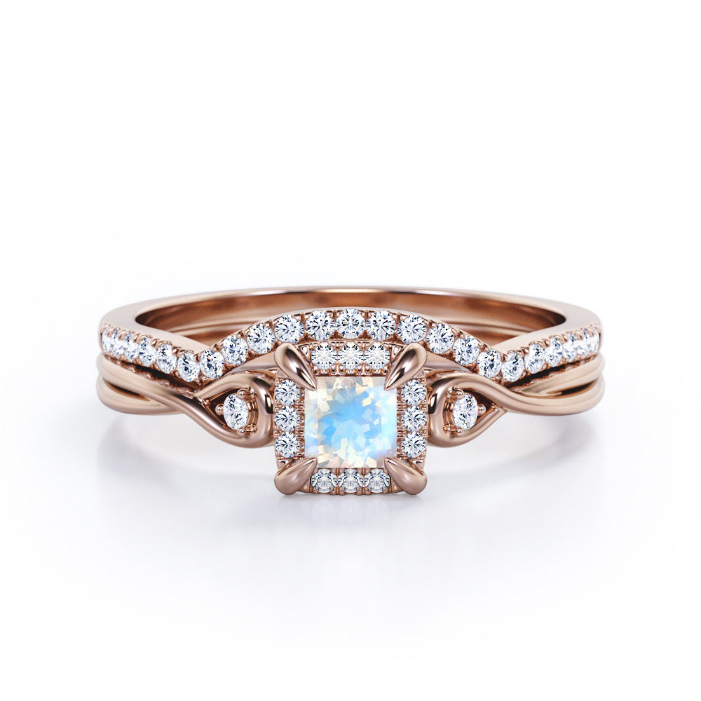 Cushion Halo Prong - 0.85 TCW Princess Cut Moonstone and Moissanite - Infinity Split Shank Wedding Ring Set -  White Gold